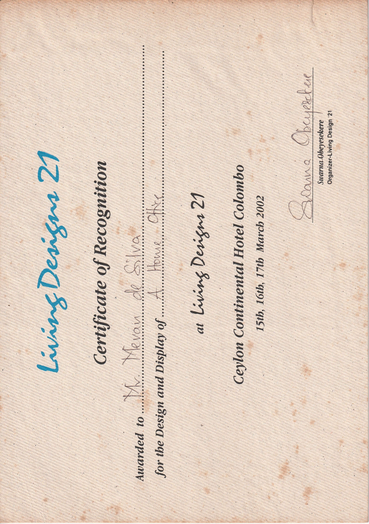 Certificate of Recognition — Living Designs 21, Ceylon Continental Hotel, March 2002