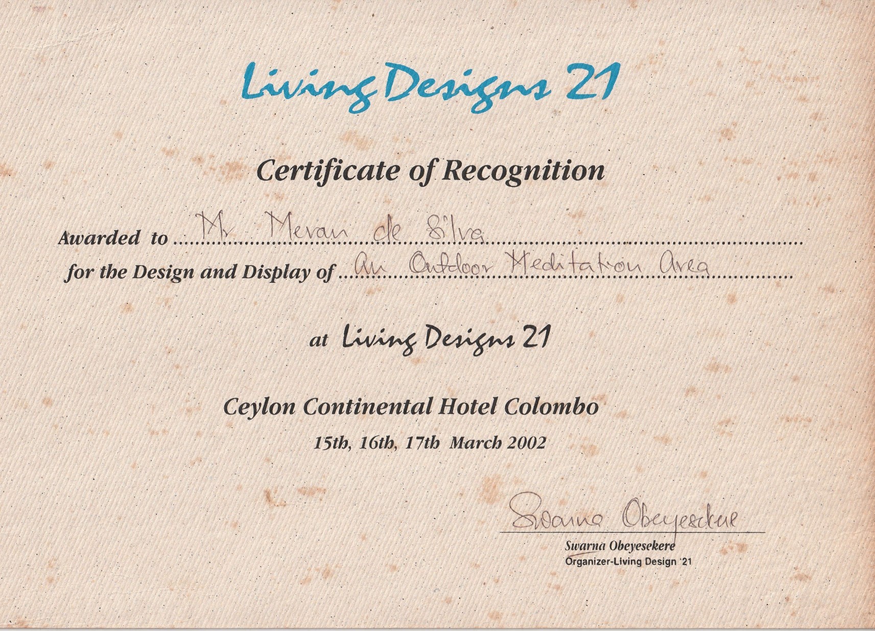 Certificate of Recognition — Design & Display of an Outdoor Meditation Area, Living Designs 21 (2002)