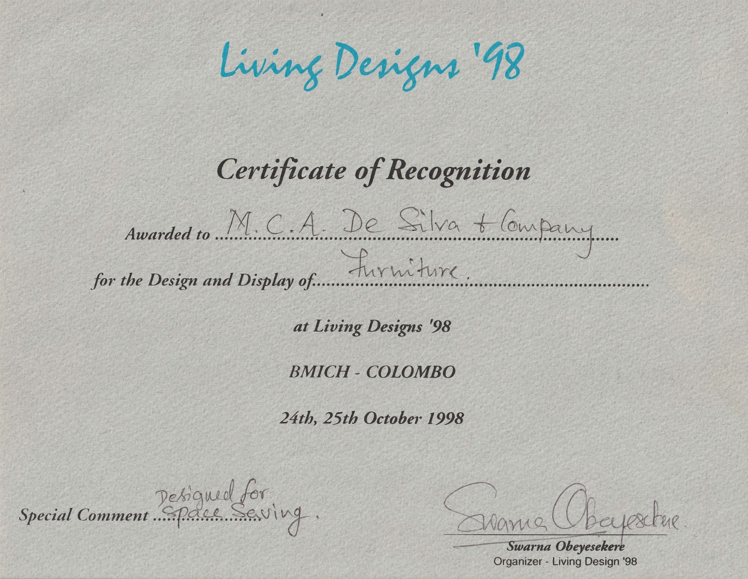 Certificate of Recognition — Living Designs ’98, BMICH Colombo, October 1998