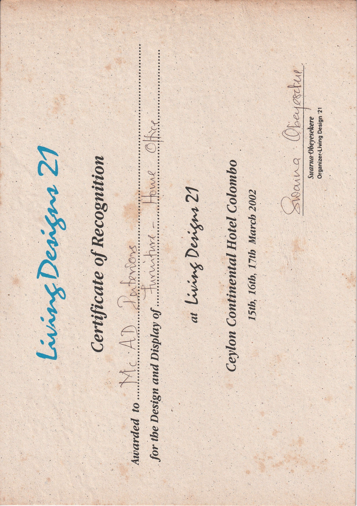 Certificate of Recognition — Living Designs 21, Design & Display of Furniture (2002)