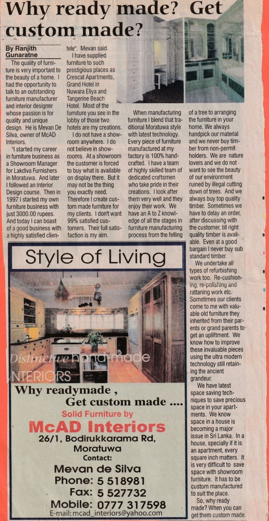 Press feature — Why ready-made? Get custom made (McAD Interiors) — newspaper article