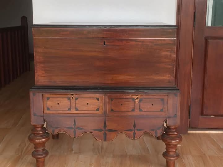 Antique coffer after restoration with brass fittings